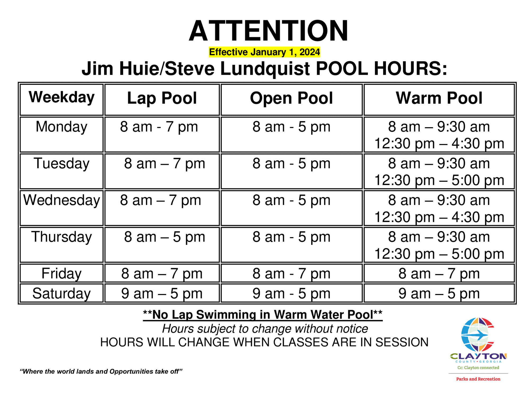 Jim Huie/Steve Lundquist Pool Hours 2024