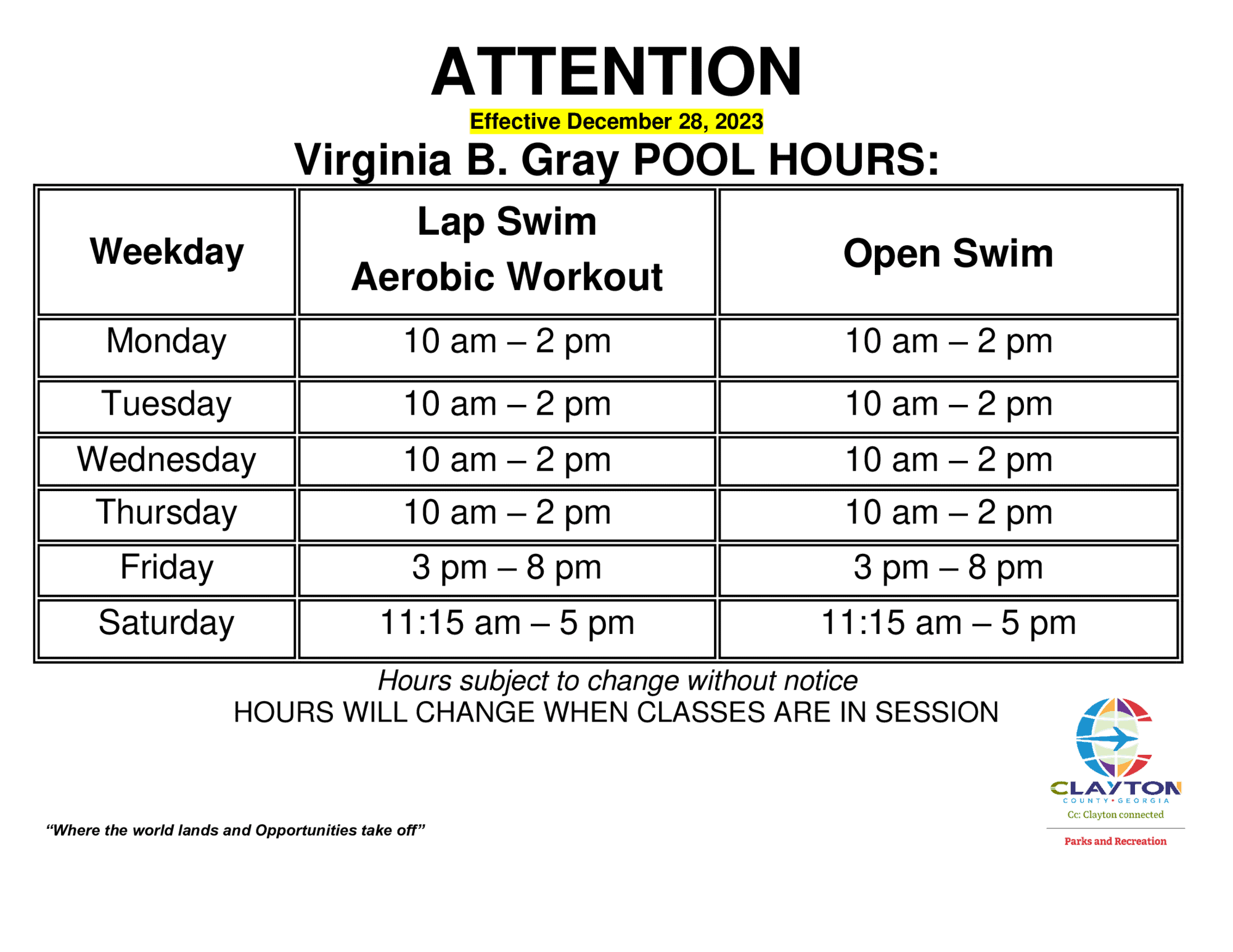 Virginia B Gray Pool hours 2024