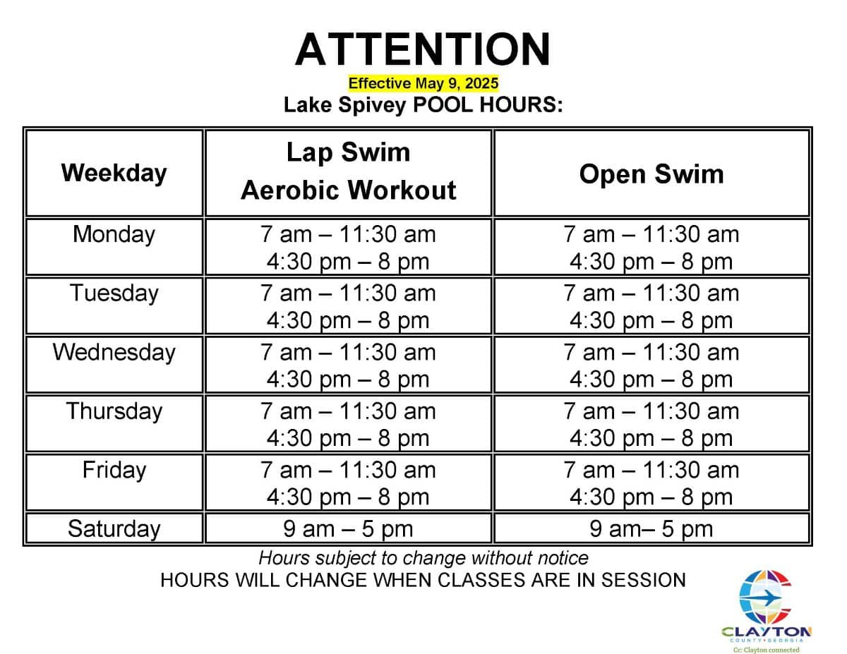 Lake Spivey Pool Hours schedule May 9th 2025