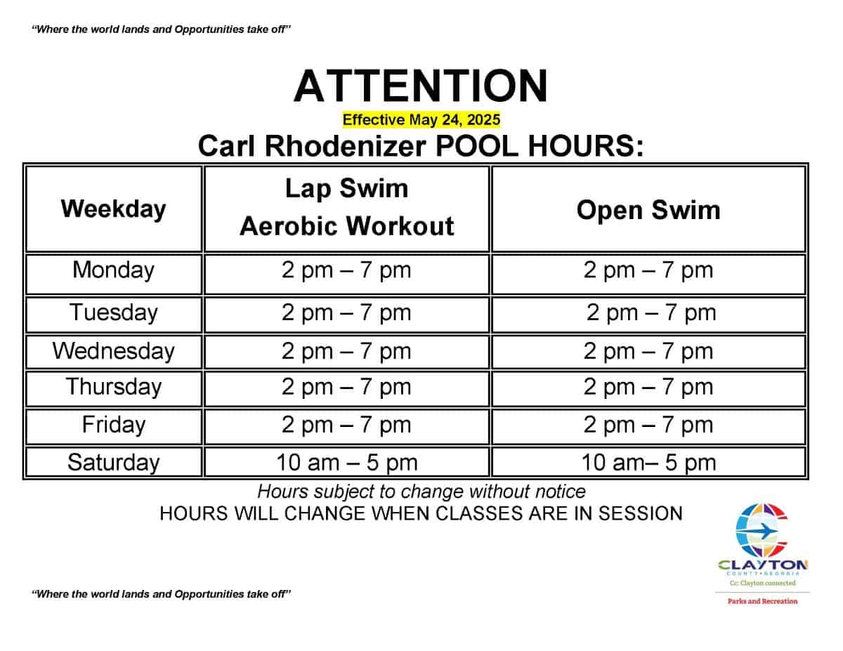 Carl Rhodenizer Pool Hours schedule May 9th 2025