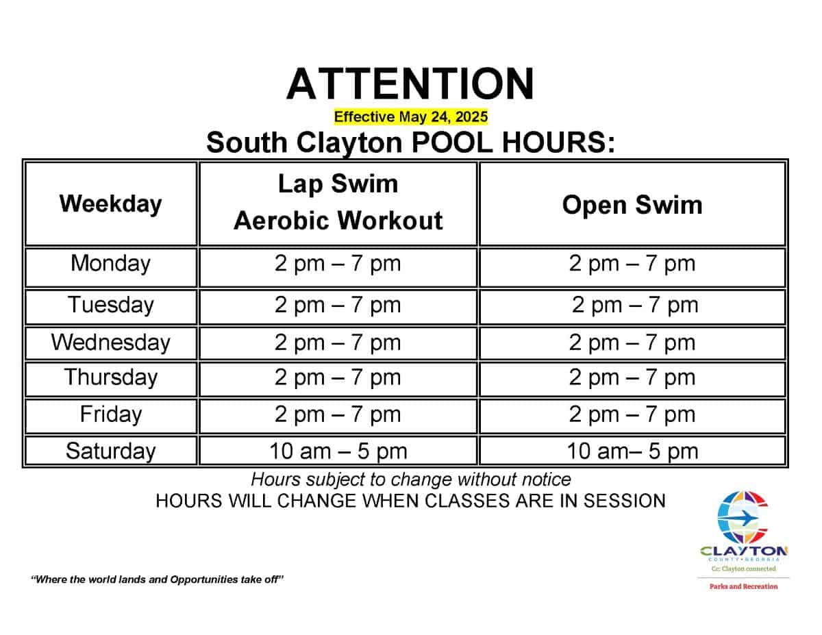 South Clayton Pool Hours schedule May 9th 2025