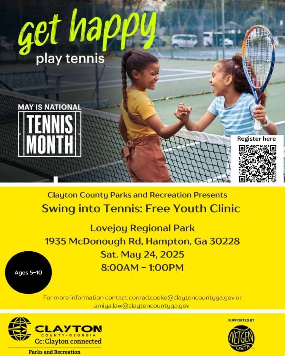 Free youth tennis clinic for ages 5–10 on May 24, 2025, at Lovejoy Park, 8AM–1PM. Register online.