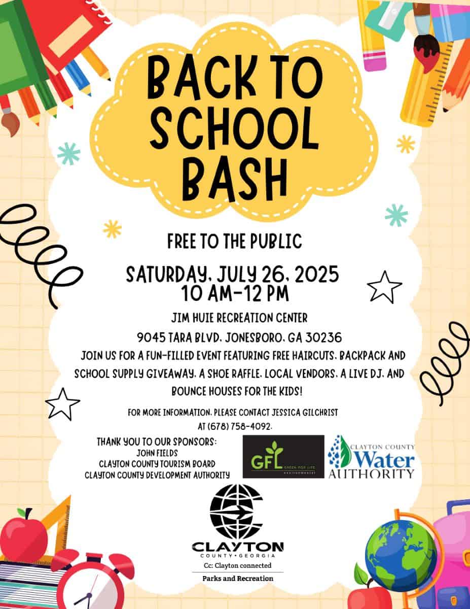 Back to School Bash flyer with event Saturday, July 26, 2025, 10am - 12pm. Jim Huie Recreation Center.