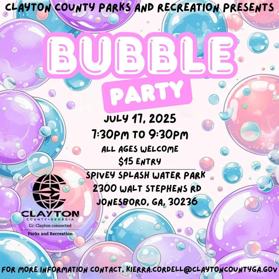 Bubble Party flyer for July 17, 2025 @ Spivey splash