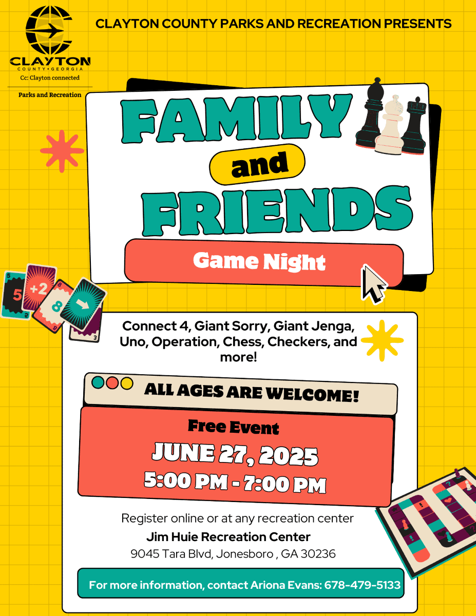 Family and friends game night flyer for June 27th at Jim Huie Rec Center from 5:00PM - 7:00PM