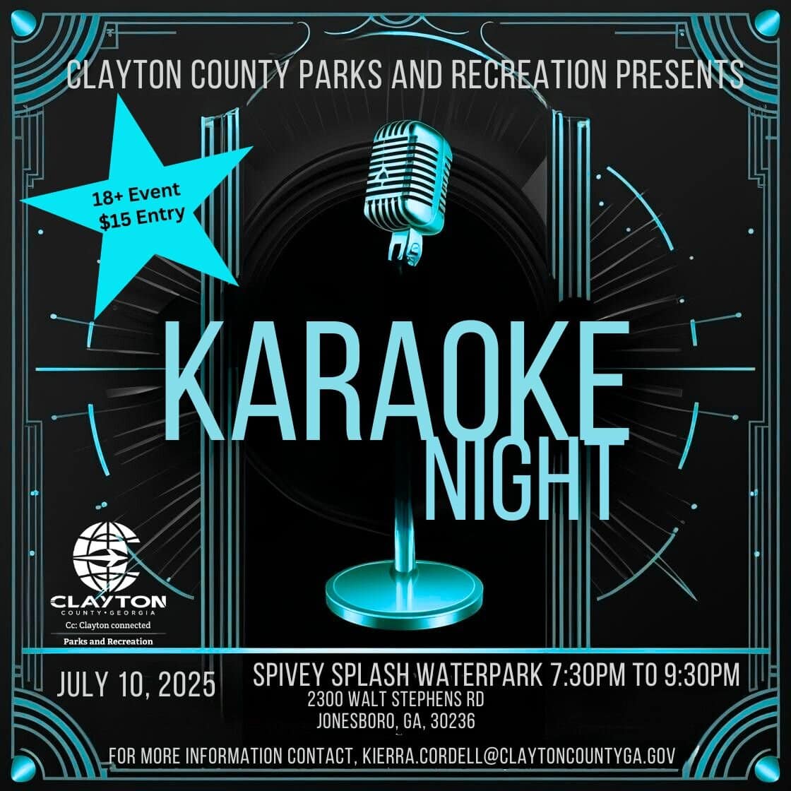 Karaoke Night flyer for July 10th 2025 from 7:30-9:30pm