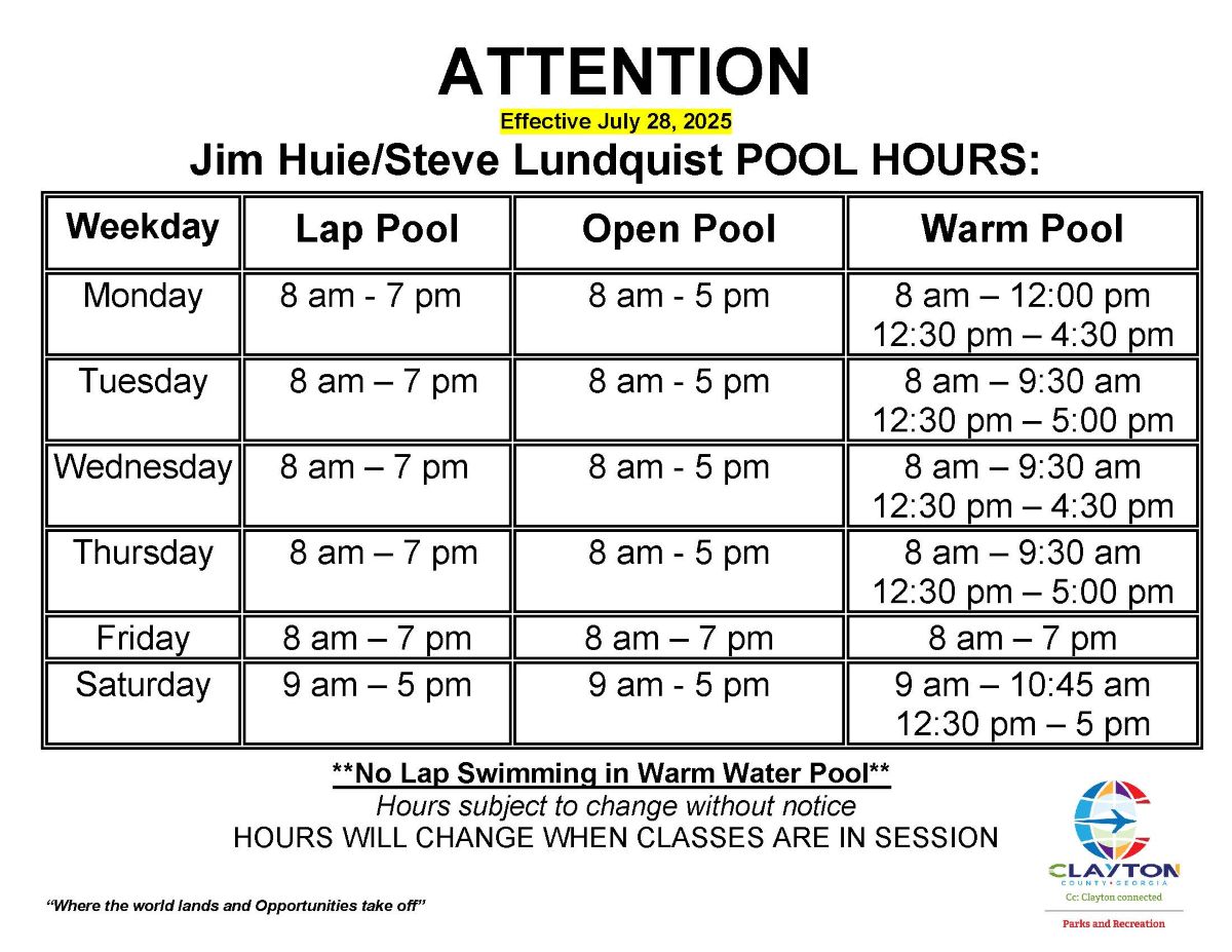 Jim Huie Pool Hour schedule August 1st 2025