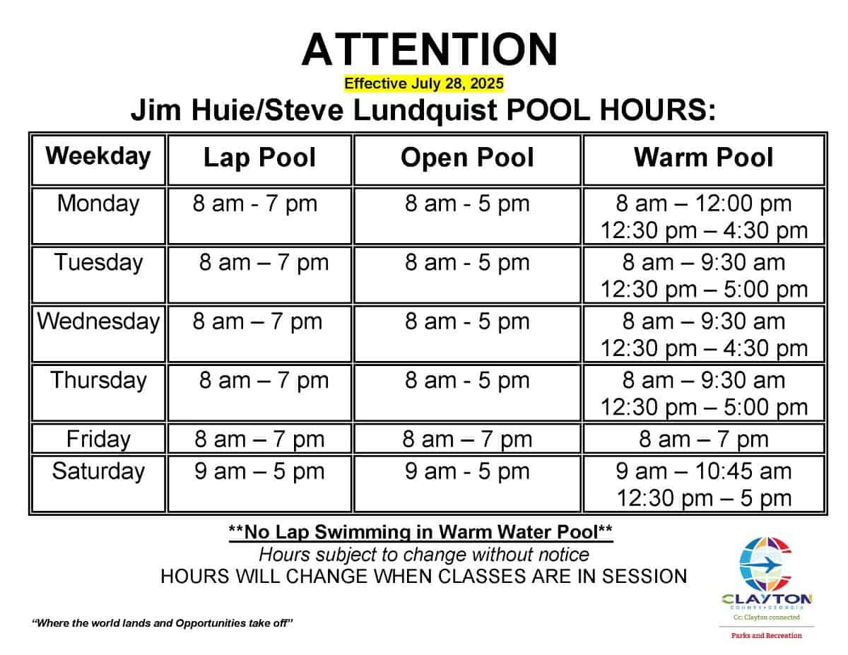 Jim Huie Pool Hour schedule August 1st 2025