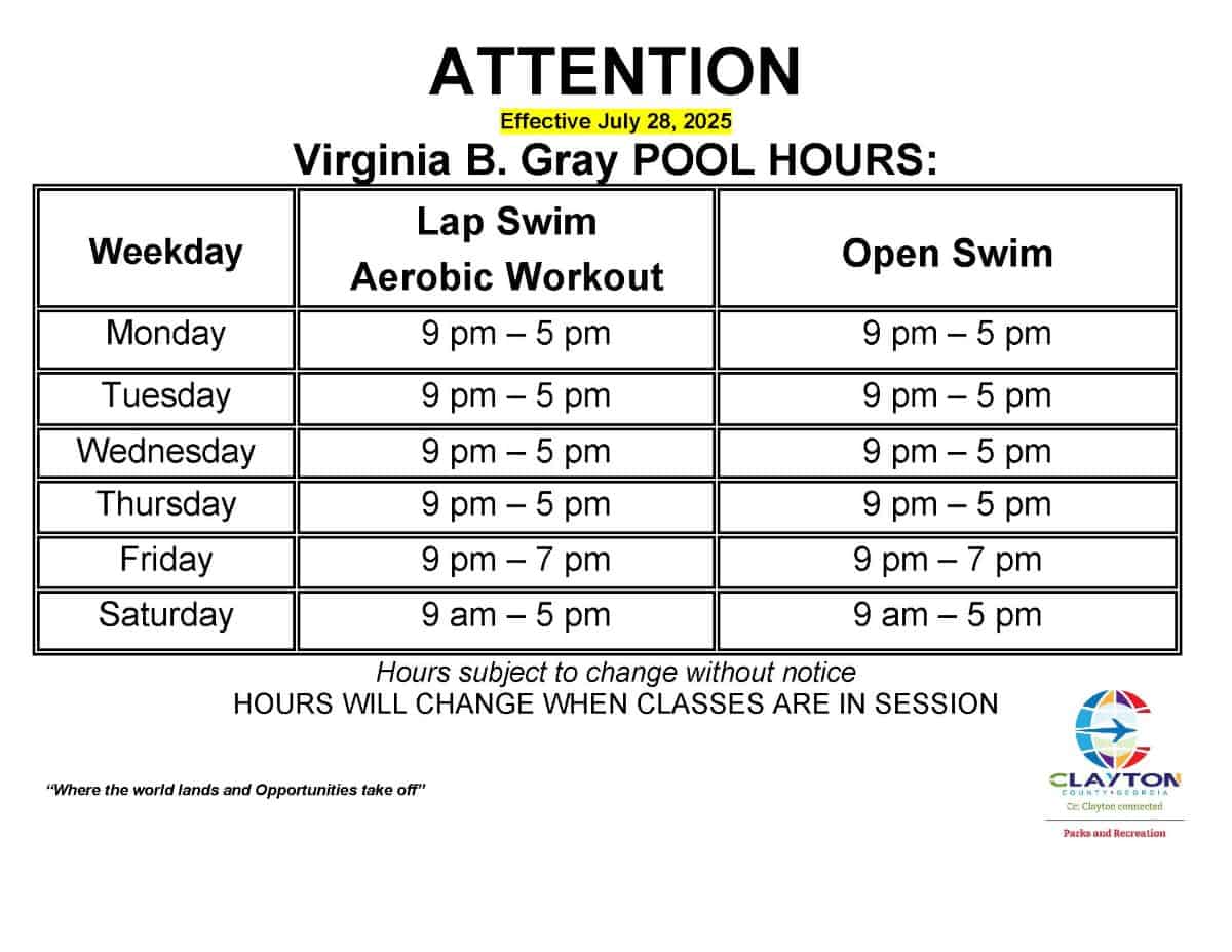 Virginia B. Gray Pool Hours schedule August 1st 2025
