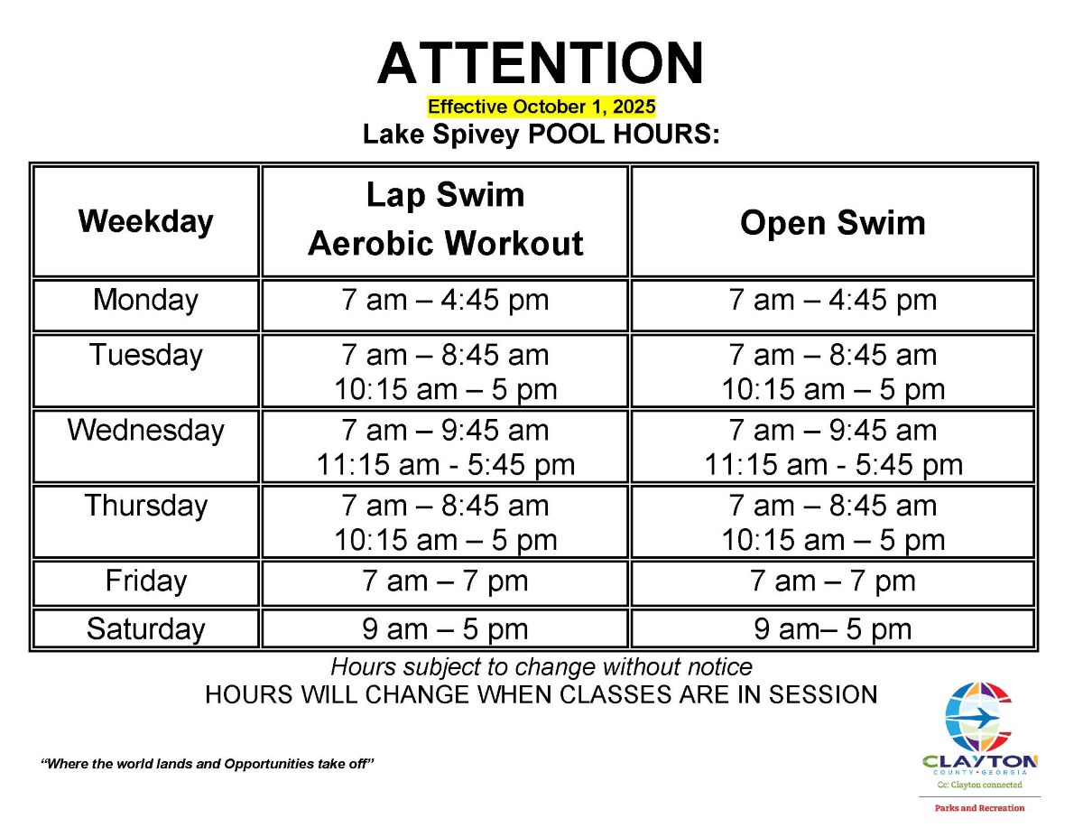 Lake Spivey Pool Hours schedule August 1st 2025