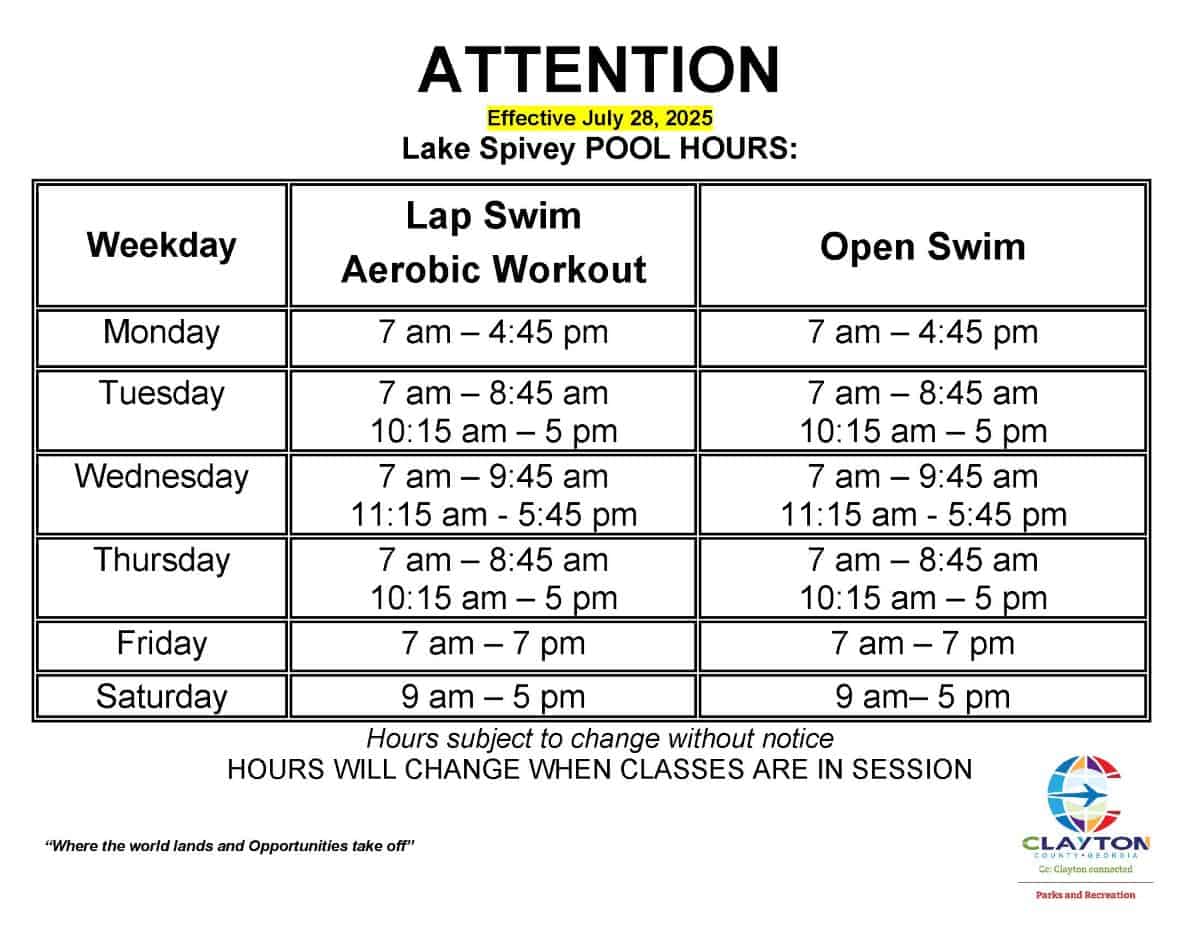 Lake Spivey Pool Hours schedule August 1st 2025