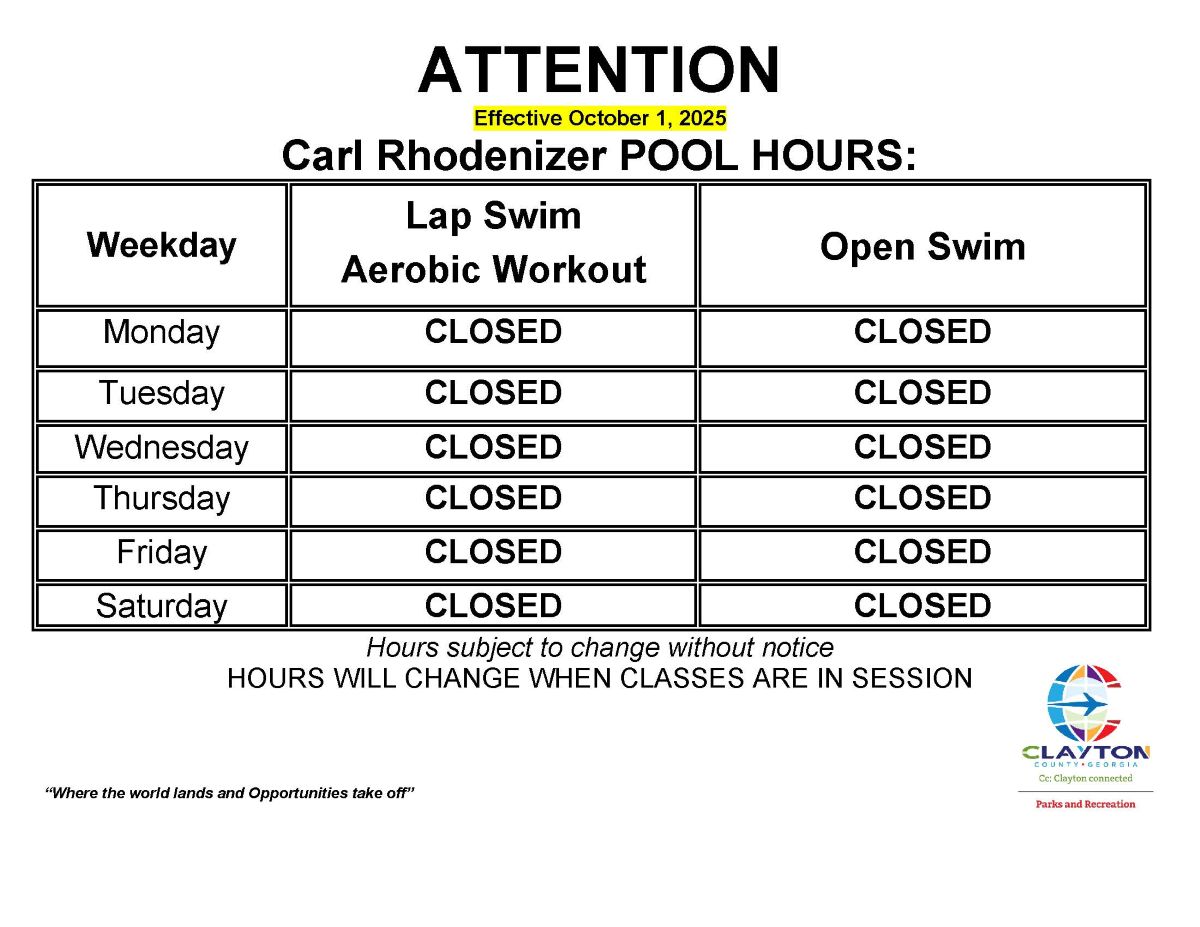 Carl Rhodenizer Pool Hours schedule August 1st 2025