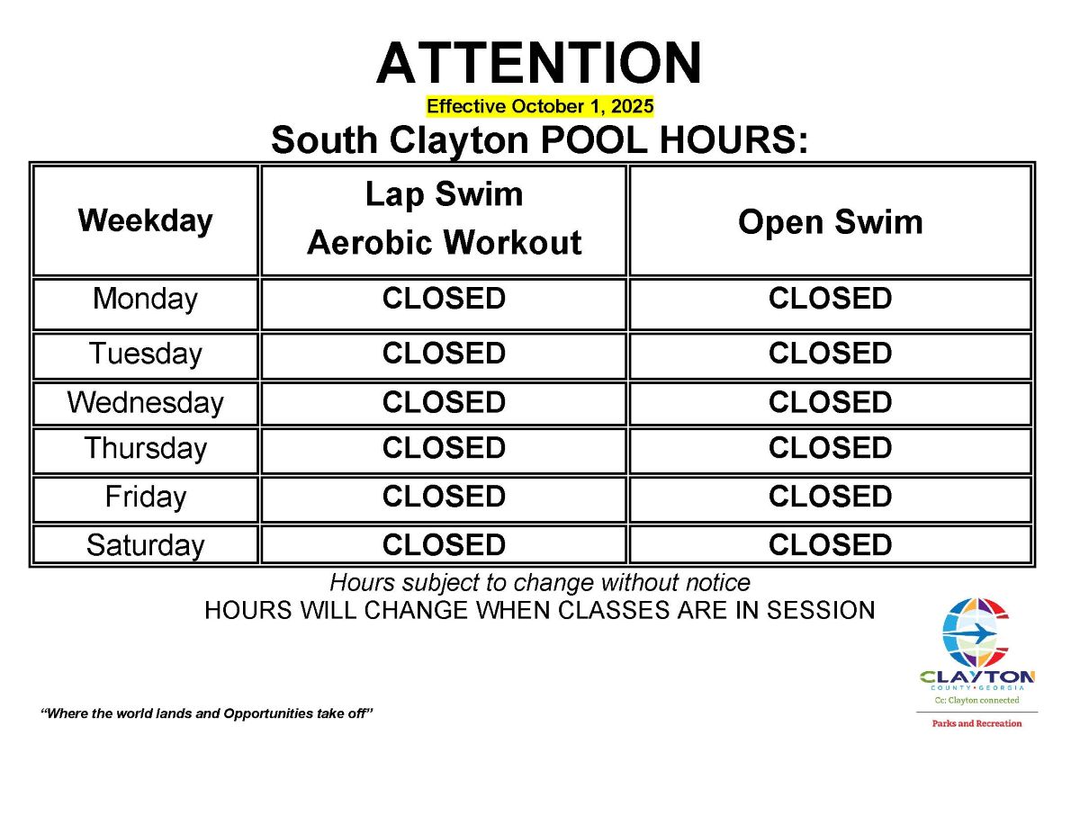 South Clayton Pool Hours schedule August 1st 2025