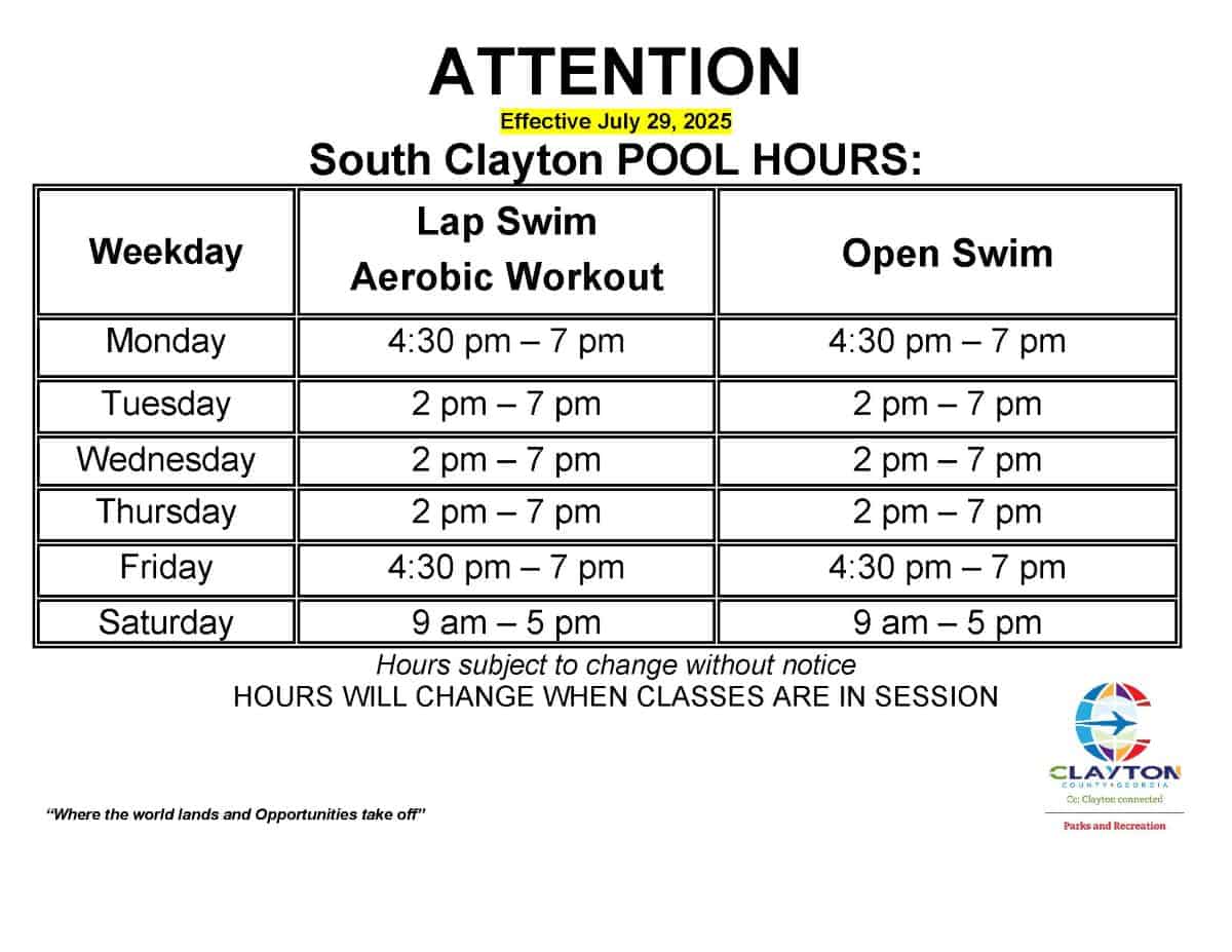 South Clayton Pool Hours schedule August 1st 2025