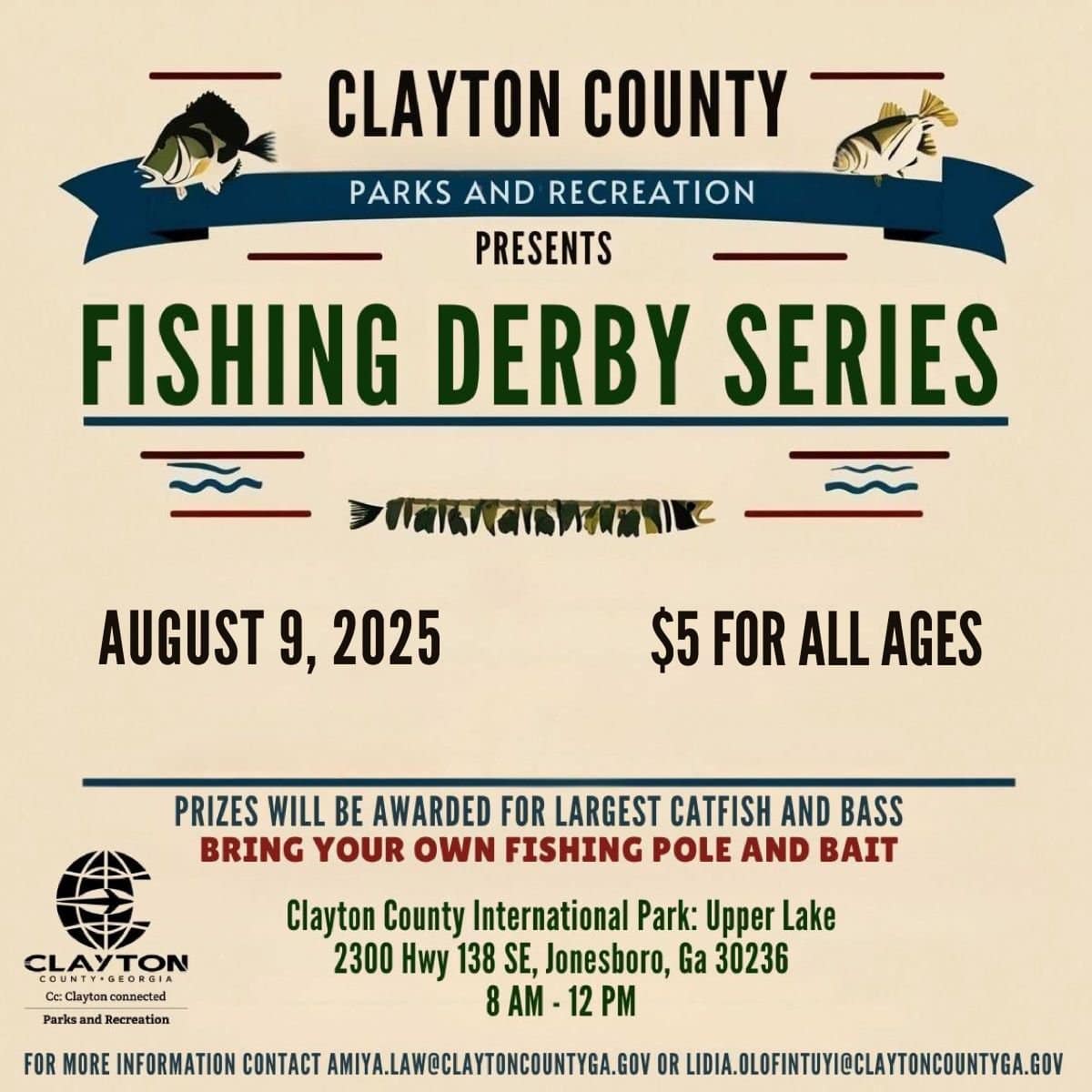 Fishing Derby Series in Clayton County, GA – August 2025. Prizes, fun, and fishing for all!