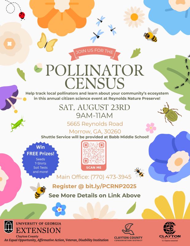 Pollinator Census flyer for August 23 with cartoon flowers and insects