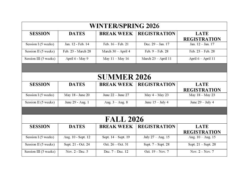 class schedules for 2026