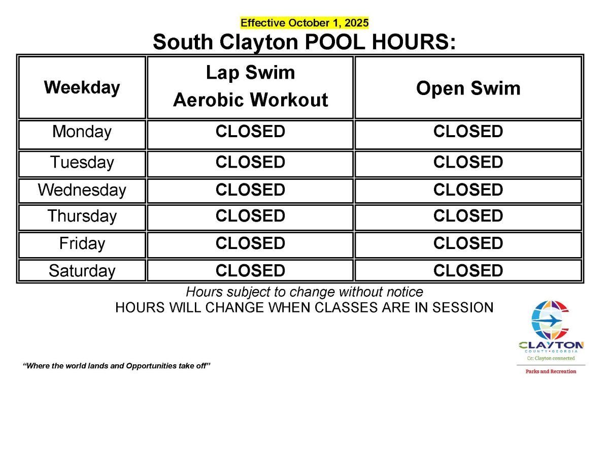 South Clayton Pool hours March 2026