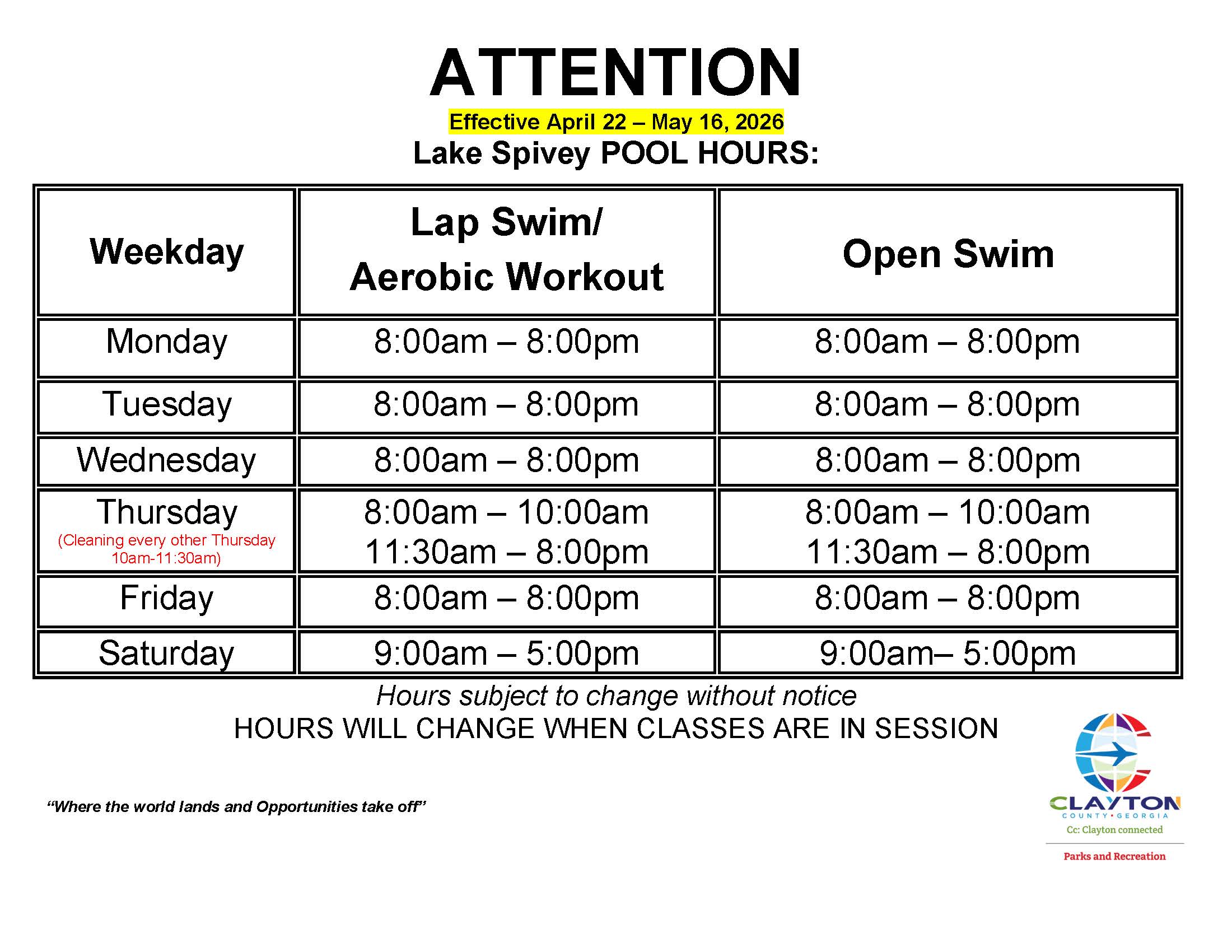 Lake Spivey Pool hours APril-MAy 2026