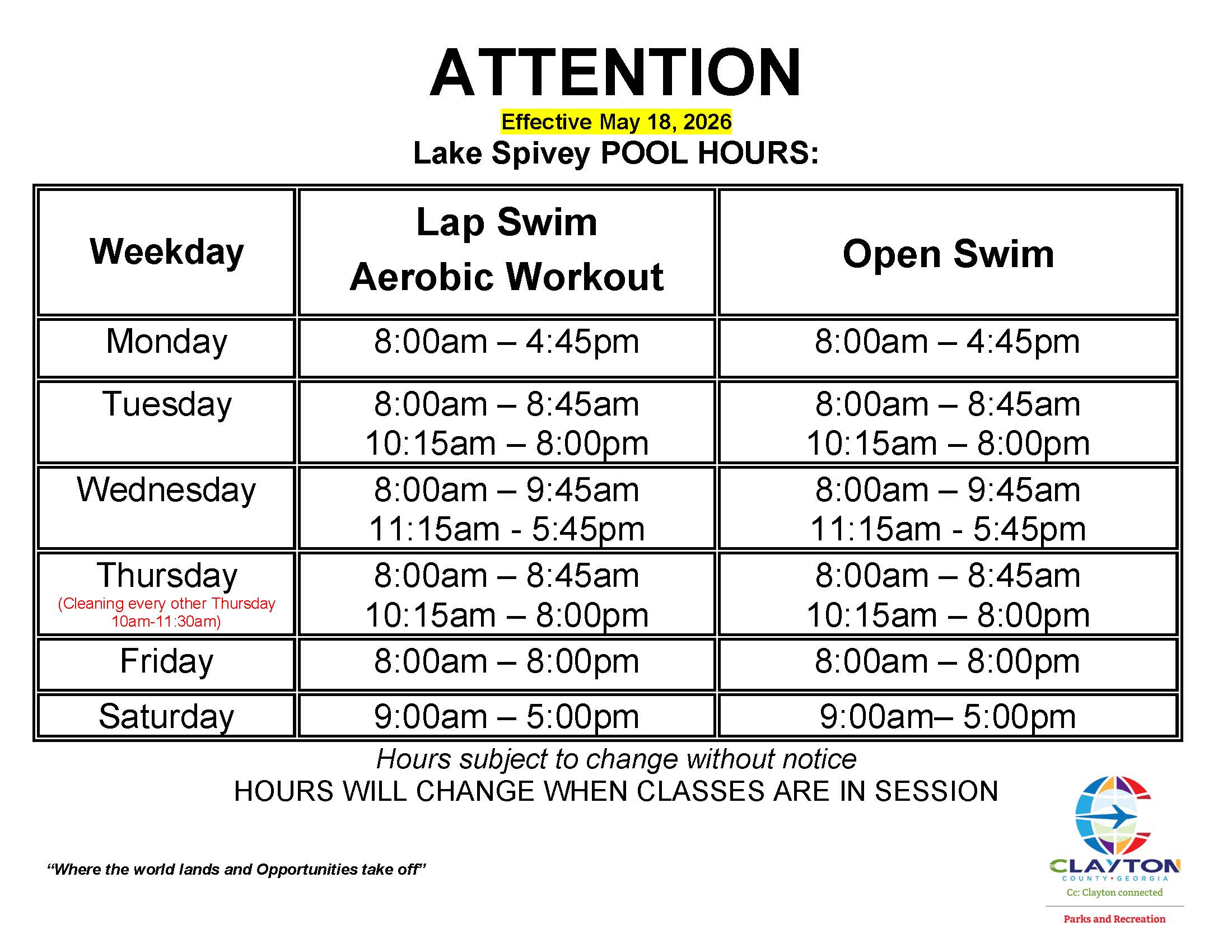 Lake Spivey Pool Hours May 18, 2026