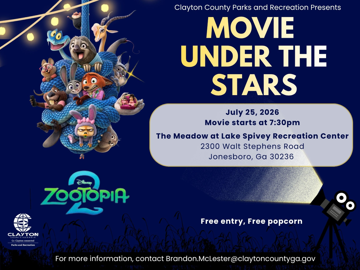Movie Under the Stars, July 25, 2026, 7:30pm at The Meadow at Lake Spivey Recreation Center.